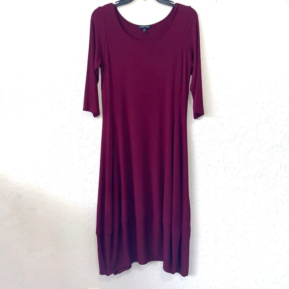 Eileen Fisher Jersey Knit Lantern Dress Womens Small Burgundy Wine Valentines